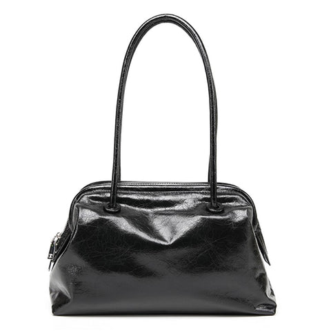 9665 Women Tote Underarm Bag Cowhide Leather Large Capacity Zipper Travel Handbag
