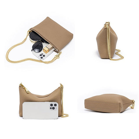 9632 Women Zipper Dumpling Bag Handbag Top Layer Cowhide Leather Crossbody Shoulder Bag with Chain Strap