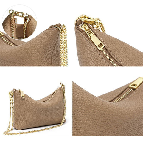 9632 Women Zipper Dumpling Bag Handbag Top Layer Cowhide Leather Crossbody Shoulder Bag with Chain Strap