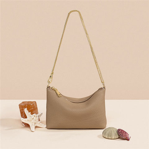 9632 Women Zipper Dumpling Bag Handbag Top Layer Cowhide Leather Crossbody Shoulder Bag with Chain Strap