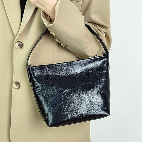 9672 Waxy First Layer Cowhide Leather Handbag Women Single Shoulder Crossbody Bag