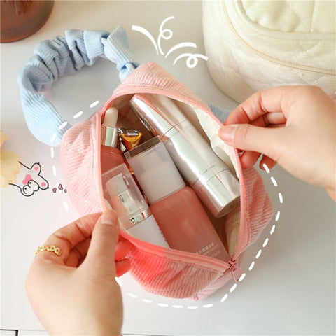 Corduroy Cosmetic Storage Bag Portable Travel Makeup Handbag Container, Side Handle Style
