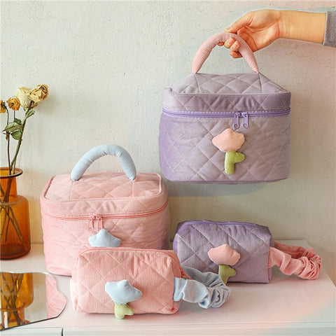 Corduroy Cosmetic Storage Bag Portable Travel Makeup Handbag Container, Side Handle Style