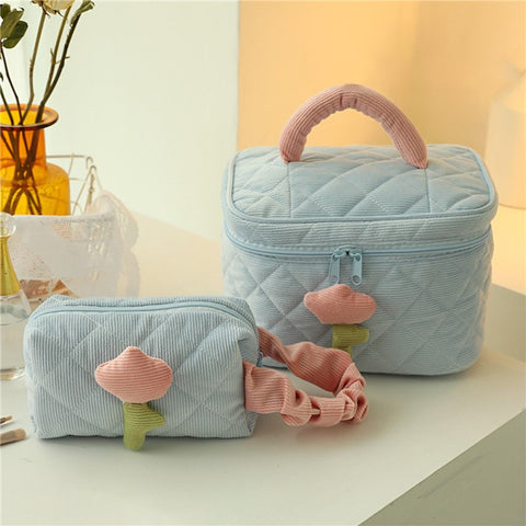 Corduroy Cosmetic Storage Bag Portable Travel Makeup Handbag Container, Side Handle Style