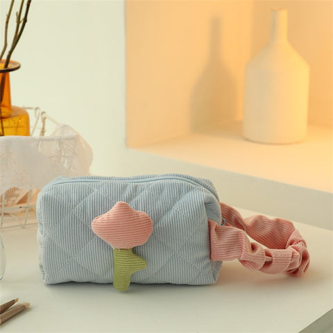 Corduroy Cosmetic Storage Bag Portable Travel Makeup Handbag Container, Side Handle Style
