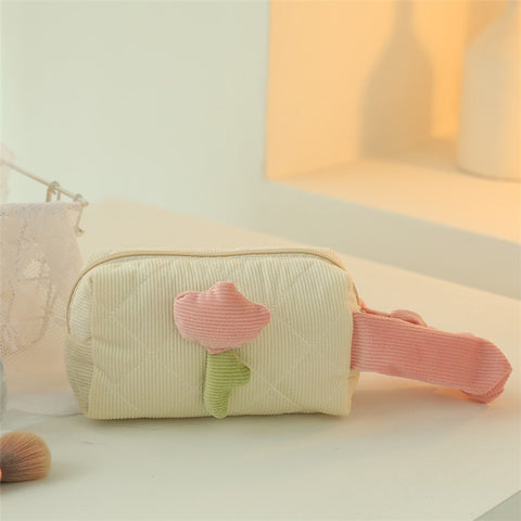 Corduroy Cosmetic Storage Bag Portable Travel Makeup Handbag Container, Side Handle Style