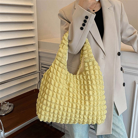 Solid Color Pleated Shoulder Bag Casual Women Large Capacity Tote Cloth Bag