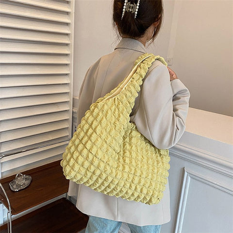 Solid Color Pleated Shoulder Bag Casual Women Large Capacity Tote Cloth Bag