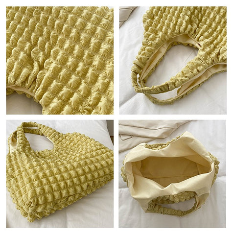 Solid Color Pleated Shoulder Bag Casual Women Large Capacity Tote Cloth Bag