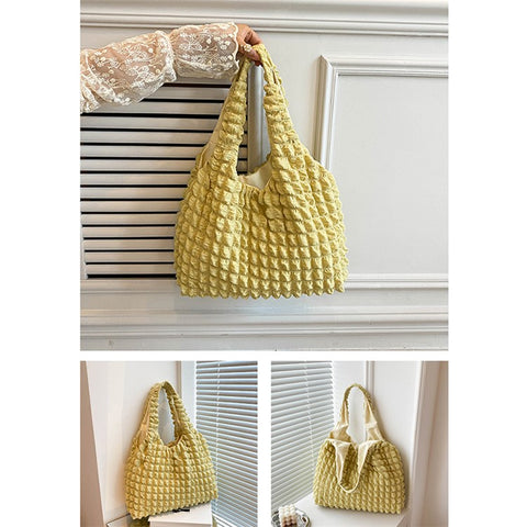 Solid Color Pleated Shoulder Bag Casual Women Large Capacity Tote Cloth Bag