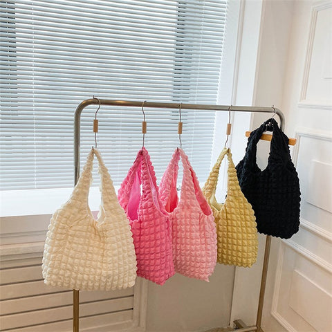 Solid Color Pleated Shoulder Bag Casual Women Large Capacity Tote Cloth Bag