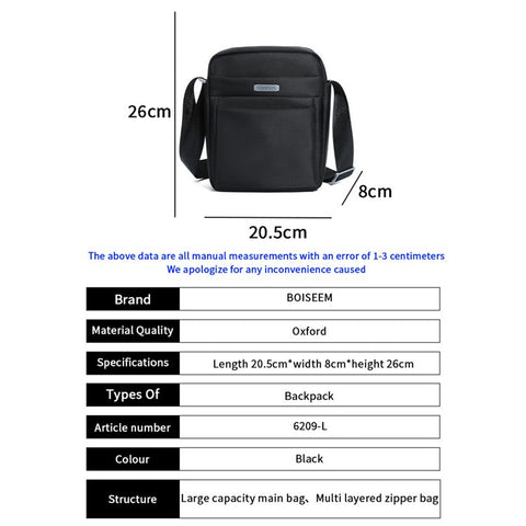 BOISEEN 612L Large Crossbody Bag Men's Business Shoulder Bag Oxford Cloth Boy's Travel Sling Bag