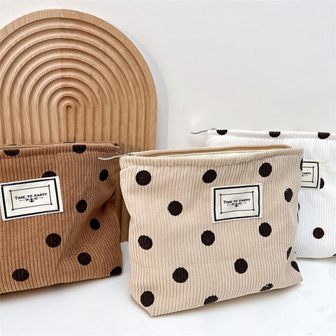 Travel Toiletry Organizer Pouch Vintage Polka Dot Pattern Corduroy Makeup Bag