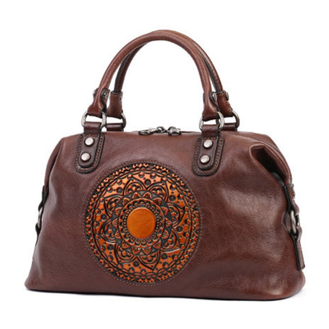 5699 Cowhide Leather Shoulder Bag Retro Totem Crossbody Bag Women's Large Capacity Work Handbag
