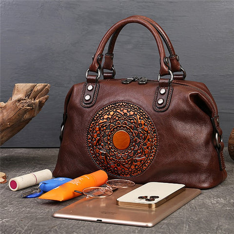 5699 Cowhide Leather Shoulder Bag Retro Totem Crossbody Bag Women's Large Capacity Work Handbag