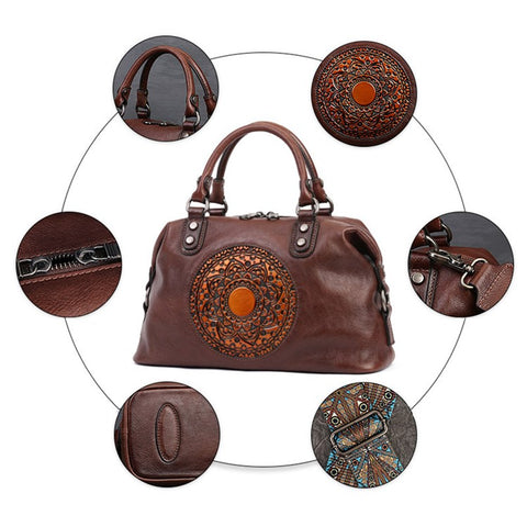 5699 Cowhide Leather Shoulder Bag Retro Totem Crossbody Bag Women's Large Capacity Work Handbag
