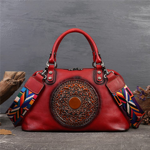 5699 Cowhide Leather Shoulder Bag Retro Totem Crossbody Bag Women's Large Capacity Work Handbag