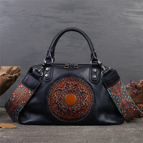 5699 Cowhide Leather Shoulder Bag Retro Totem Crossbody Bag Women's Large Capacity Work Handbag
