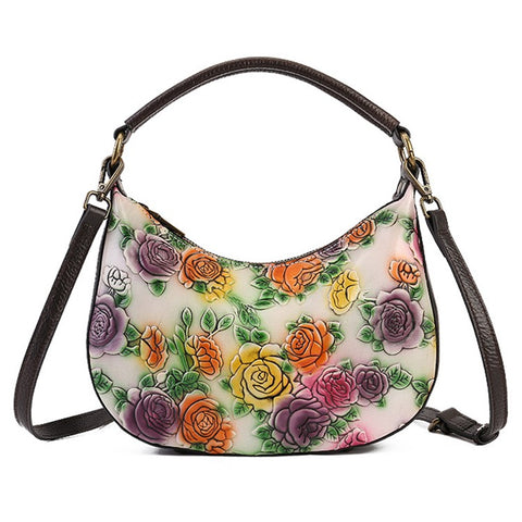 5016 Small Purse for Women Rose Pattern Cowhide Leather Handbag Crossbody Bag
