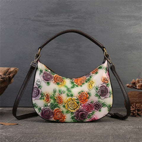 5016 Small Purse for Women Rose Pattern Cowhide Leather Handbag Crossbody Bag