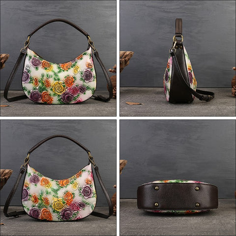 5016 Small Purse for Women Rose Pattern Cowhide Leather Handbag Crossbody Bag