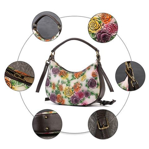5016 Small Purse for Women Rose Pattern Cowhide Leather Handbag Crossbody Bag