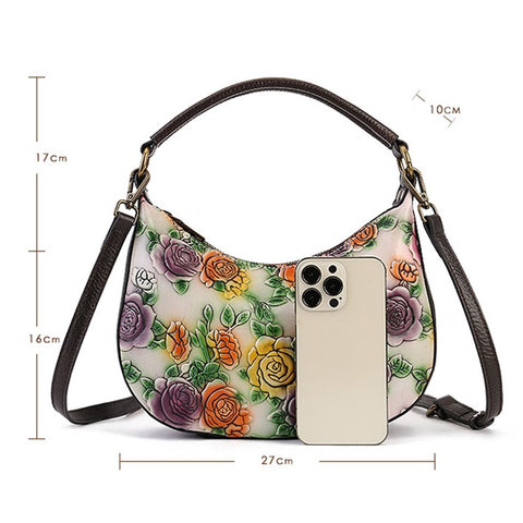 5016 Small Purse for Women Rose Pattern Cowhide Leather Handbag Crossbody Bag