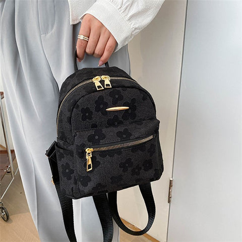 Lovely Flower Pattern Canvas Backpack Women Casual Small Dual Shoulder Bag