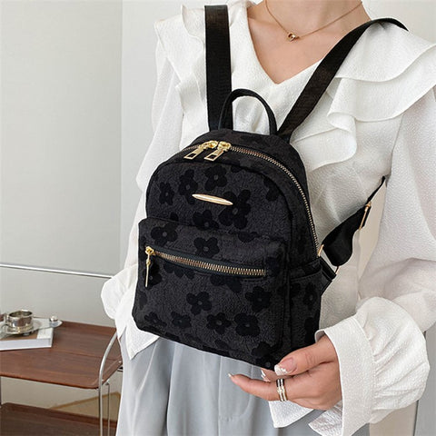 Lovely Flower Pattern Canvas Backpack Women Casual Small Dual Shoulder Bag