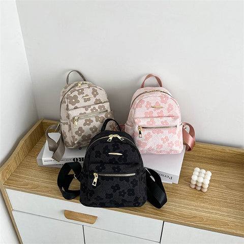 Lovely Flower Pattern Canvas Backpack Women Casual Small Dual Shoulder Bag