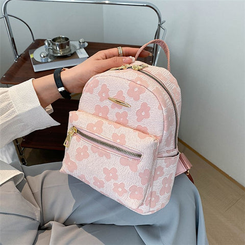 Lovely Flower Pattern Canvas Backpack Women Casual Small Dual Shoulder Bag