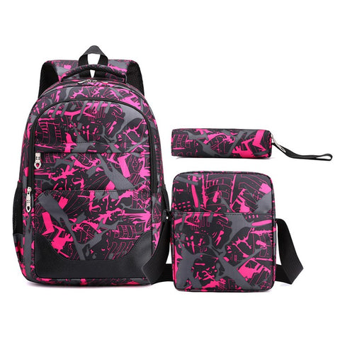 3Pcs / Set Nylon Large Capacity Schoolbag Travel Backpack Shoulder Bag Pencil Case