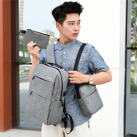 Backpack USB Charging Oxford Cloth Shoulders Bag with Small Pouch + Sling Bag