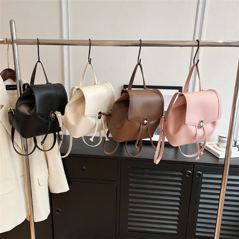 WXWG-8009 Solid Color PU Leather Small Backpack Drawstring Women Tote Rucksack