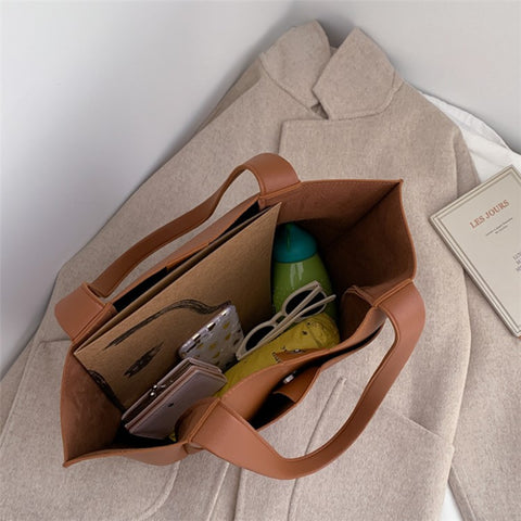 Large PU Leather Tote Handbag Top-Handle Women's Bucket Bag Shoulder Bag