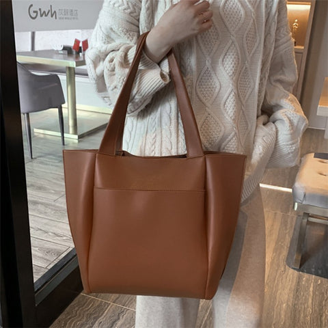Large PU Leather Tote Handbag Top-Handle Women's Bucket Bag Shoulder Bag