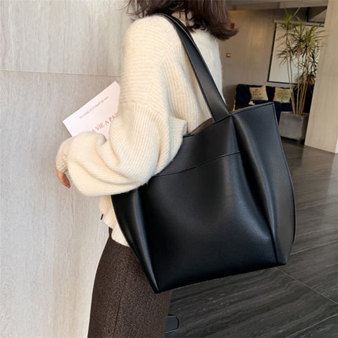 Large PU Leather Tote Handbag Top-Handle Women's Bucket Bag Shoulder Bag