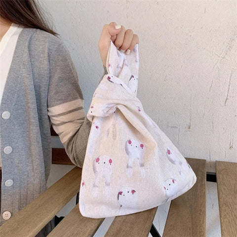 TZ Japanese Style Canvas Handbag Cute Pattern Portable Purse Tote Wrist Bag for Ladies, Girls