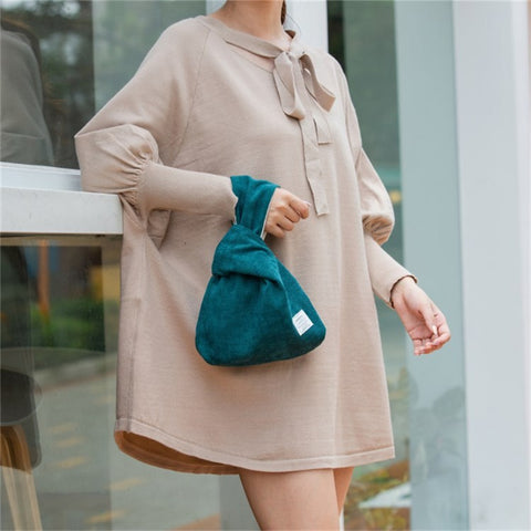 Autumn Winter Lightweight Corduroy Wrist Knot Tote Bag Small Coin Purse for Ladies Girls