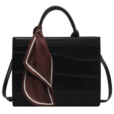 Women Square Tote Handbag Crocodile Texture PU Leather Crossbody Shoulder Bag with Scarf Decor, Size S