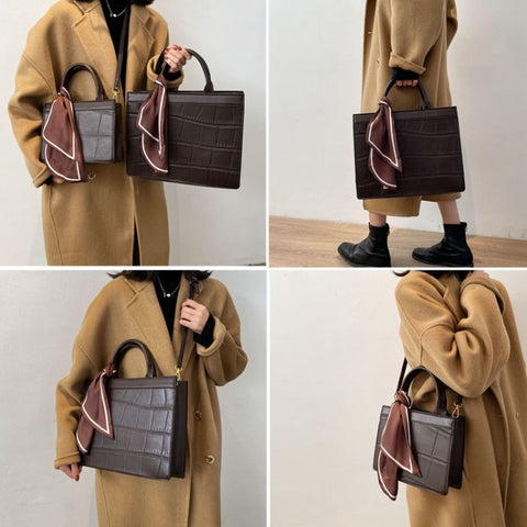 Women Square Tote Handbag Crocodile Texture PU Leather Crossbody Shoulder Bag with Scarf Decor, Size S