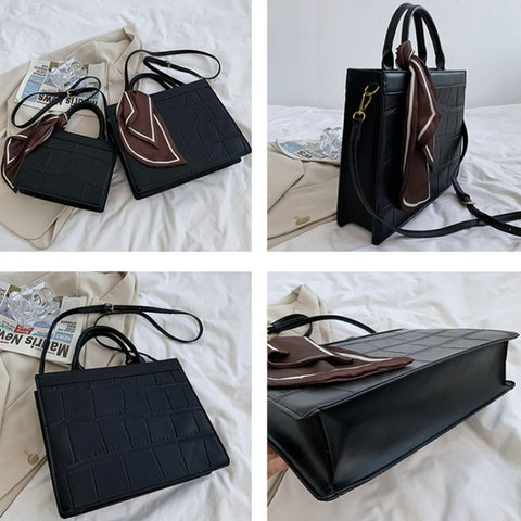 Women Square Tote Handbag Crocodile Texture PU Leather Crossbody Shoulder Bag with Scarf Decor, Size S