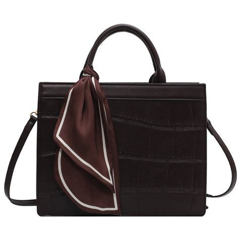 Women Square Tote Handbag Crocodile Texture PU Leather Crossbody Shoulder Bag with Scarf Decor, Size S