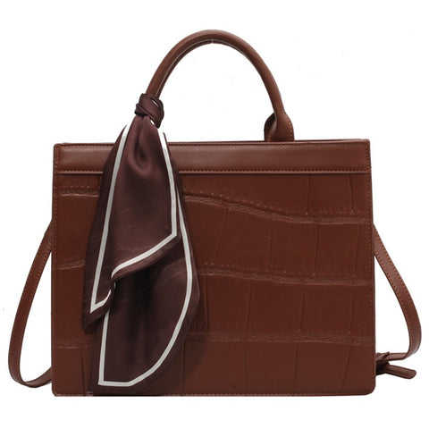 Women Square Tote Handbag Crocodile Texture PU Leather Crossbody Shoulder Bag with Scarf Decor, Size S