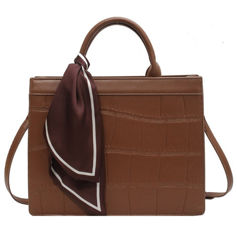 Women Square Tote Handbag Crocodile Texture PU Leather Crossbody Shoulder Bag with Scarf Decor, Size S