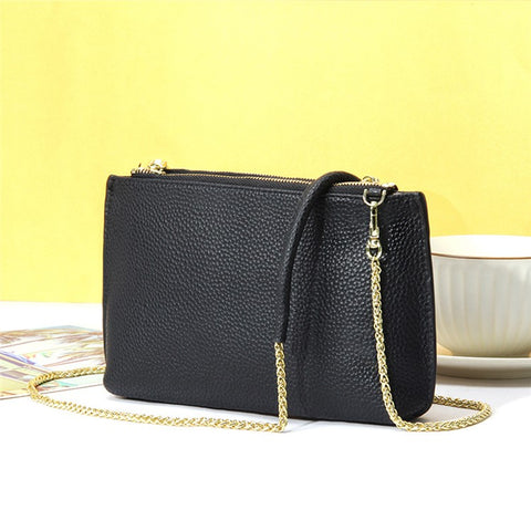 669 Zipper Top-Layer Cowhide Leather Wallet Clutch Purse Chain Strap Crossbody Shoulder Bag Handbag