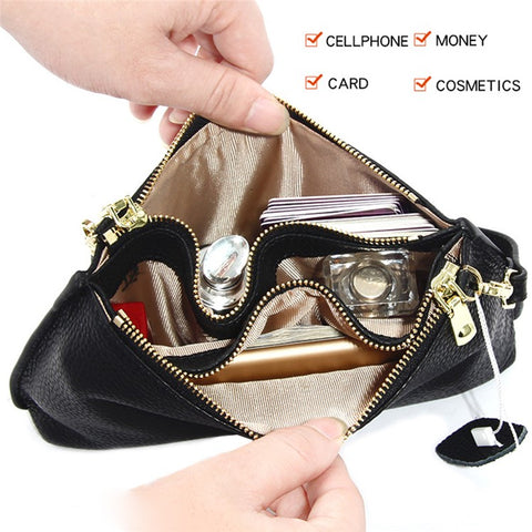 669 Zipper Top-Layer Cowhide Leather Wallet Clutch Purse Chain Strap Crossbody Shoulder Bag Handbag