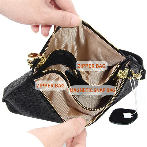 669 Zipper Top-Layer Cowhide Leather Wallet Clutch Purse Chain Strap Crossbody Shoulder Bag Handbag
