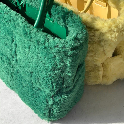 Large Nylon Soft Plush Tote Handbag Top-Handle Women's Bucket Bag Clutch Purse