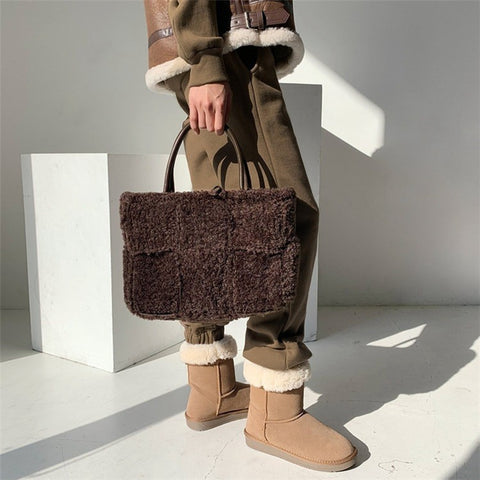 Large Nylon Soft Plush Tote Handbag Top-Handle Women's Bucket Bag Clutch Purse